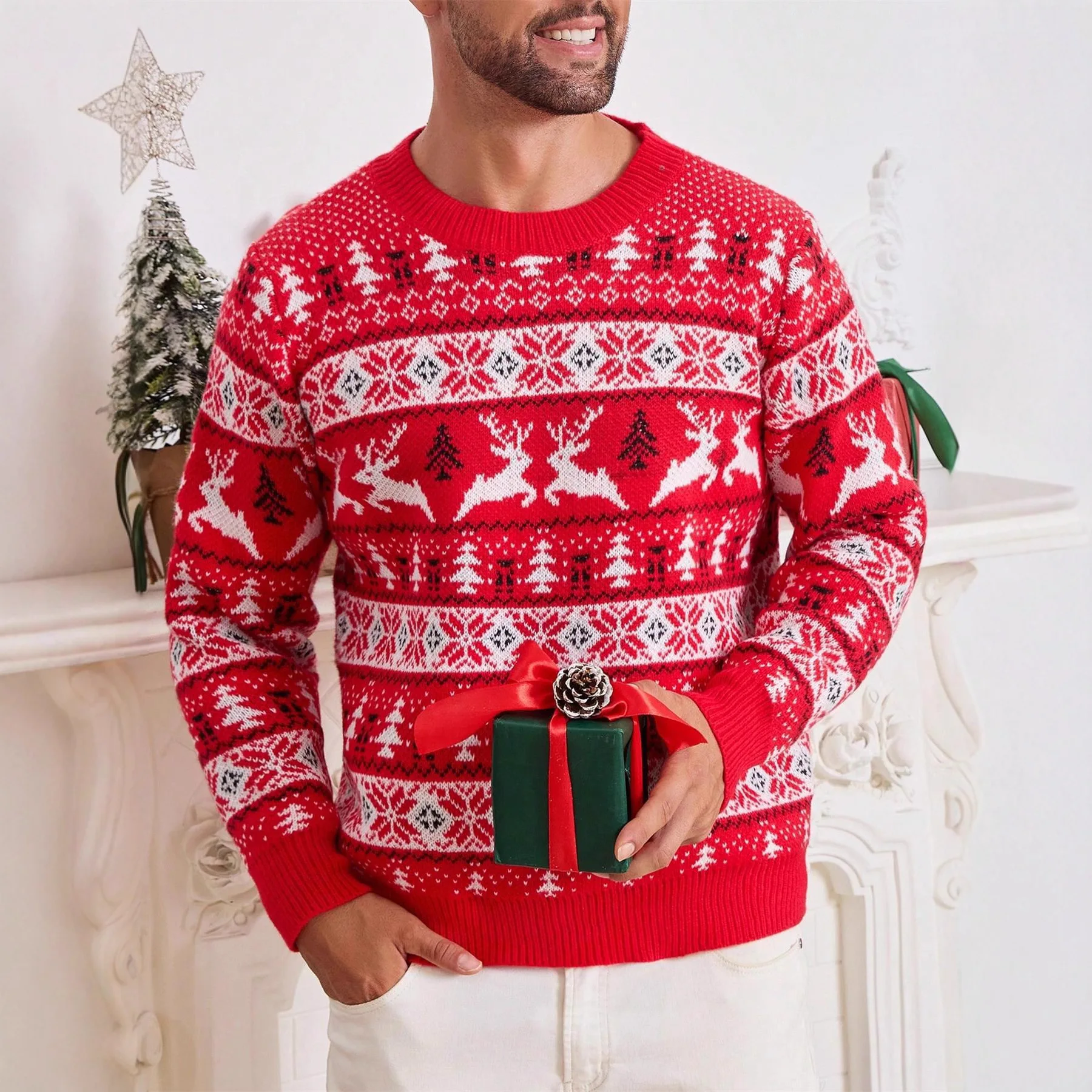 

2025 Christmas Sweater Men Xmas Novelty Print Knitwear Funny Holiday Party Cosplay Pullover Jumper for Halloween Mens Clothes
