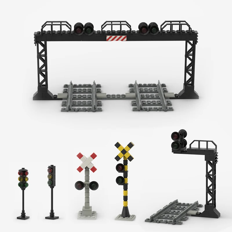 MOC Building block train traffic light street signal light parking pole City train Station Cross Flexible Rail Bricks DIY Toy