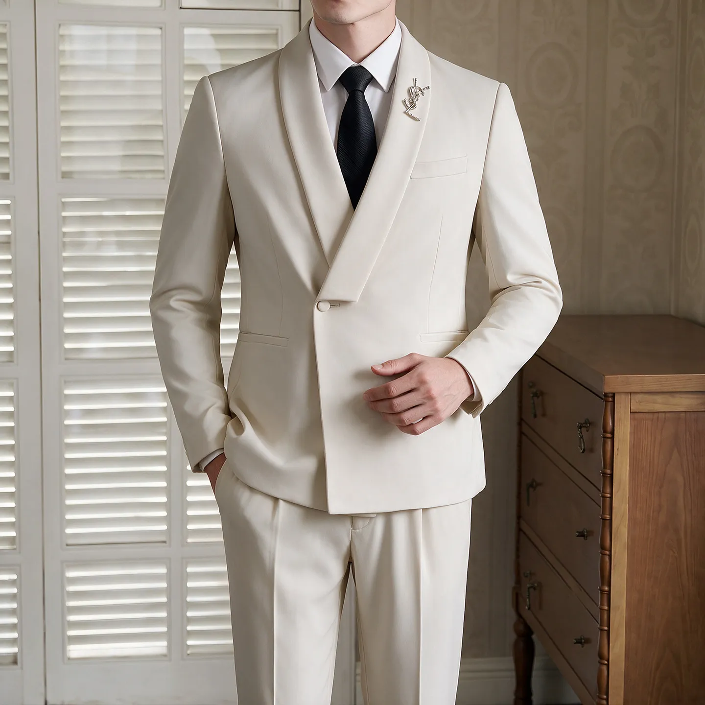 Men's Fashionable Elegant Slanted Lapel Suit High-End Evening Formal Dressing Set Quality Style for Special Occasions