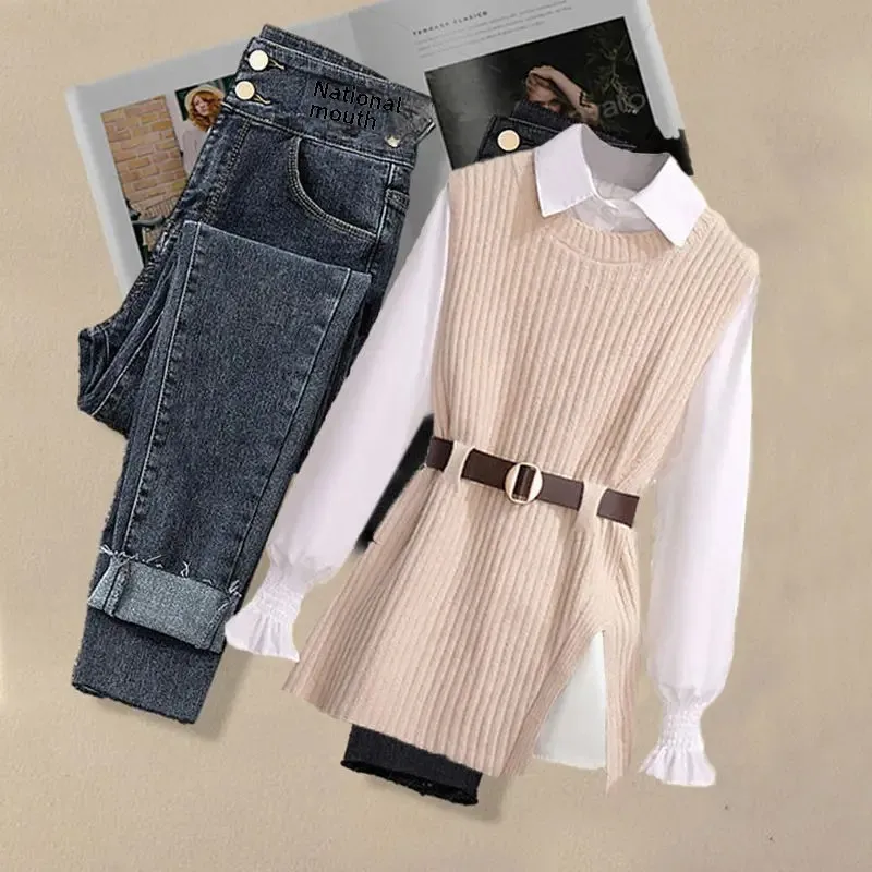 Spring 2024 New Women's Knit Vest Shirt Slimming Versatile Jeans Three-piece Set Stylish Outerwear Slim Fit Knitwear