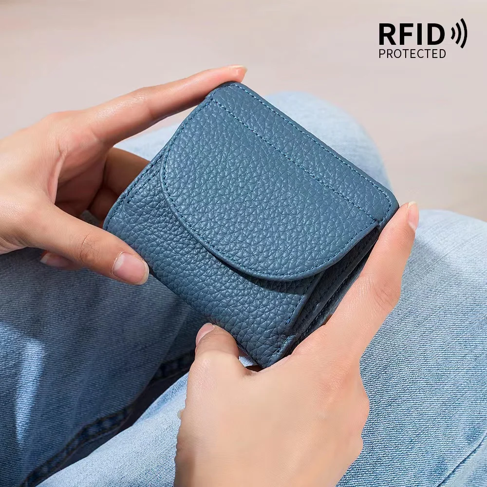 Genuine Leather Mini Wallet 2023 New Ladies RFID Fold Simple Cowhide Ultra-Thin Japanese Style Small Money Clip Female Bags