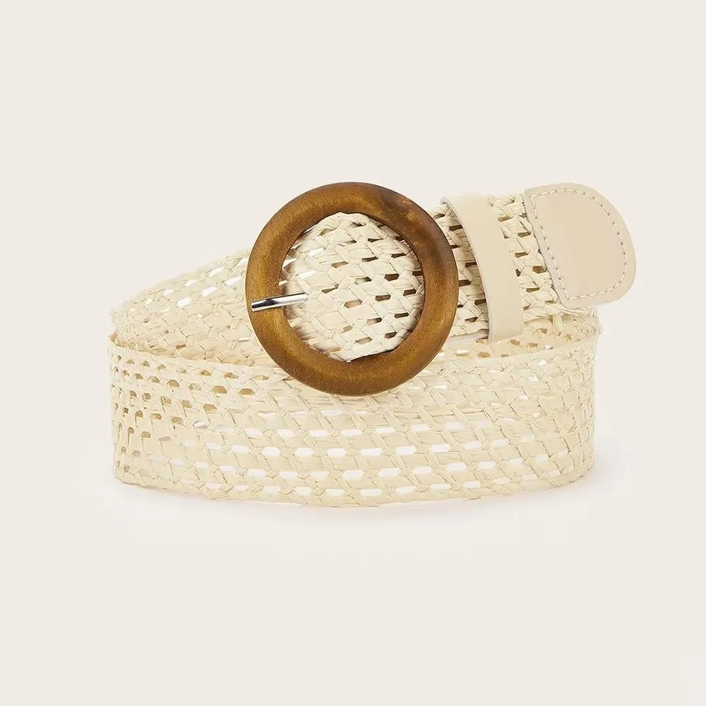 Retro Straw Waist Belt Wide Round Buckle Woven Waistband Hollow Out Handmade Braided Belt for Holiday