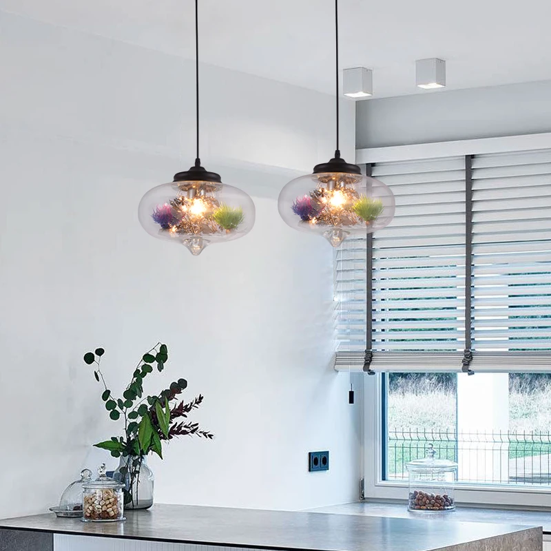 Glass ball pendant lamp for Kitchen Bar Dining Kitchen island lights table retro pendant lights Indoor home Flower Lamps