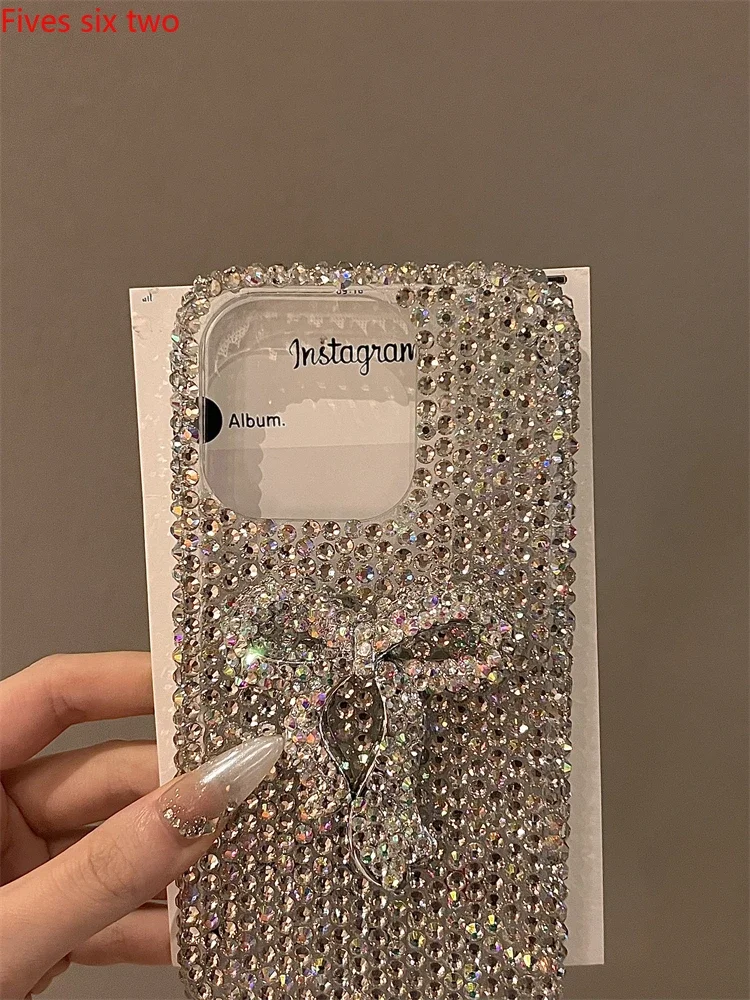 Luxury Fashion Full Bling Crystal Diamond Big Bow Phone Case For iPhone 16 Pro Max Case 15 14 13 12 11 X XS XR Shockproof Cover