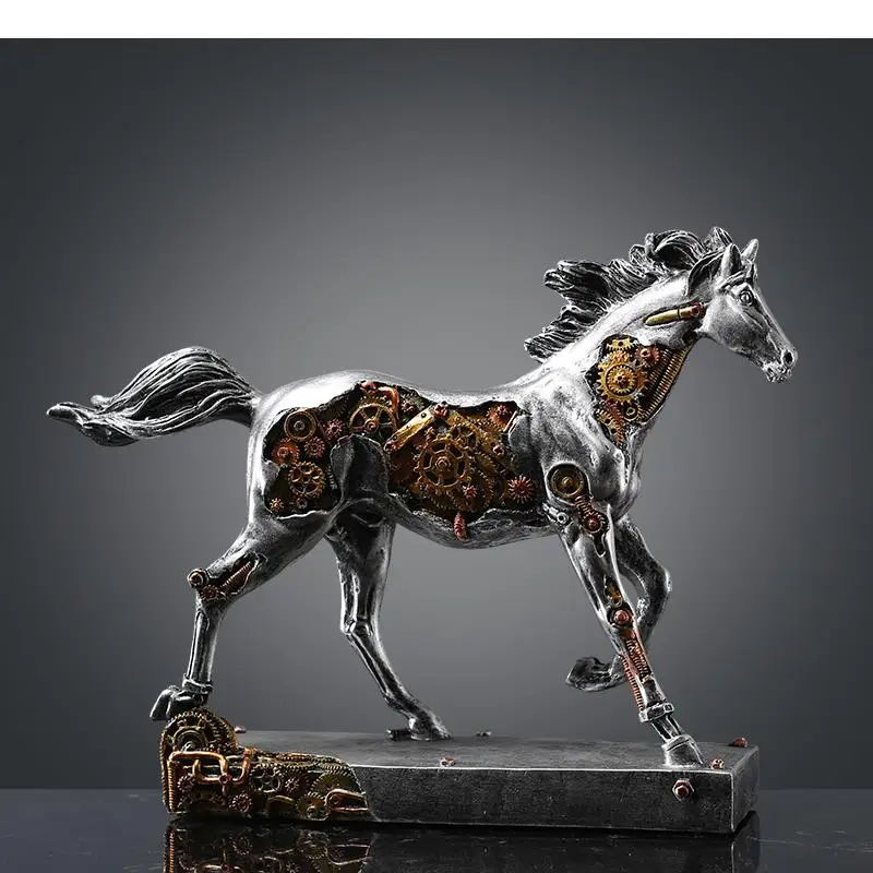 Mechanical Horse Resin Crafts Ornaments Animal Sculpture Abstract Modern Home Decoration Silver Gear Figures Accessories