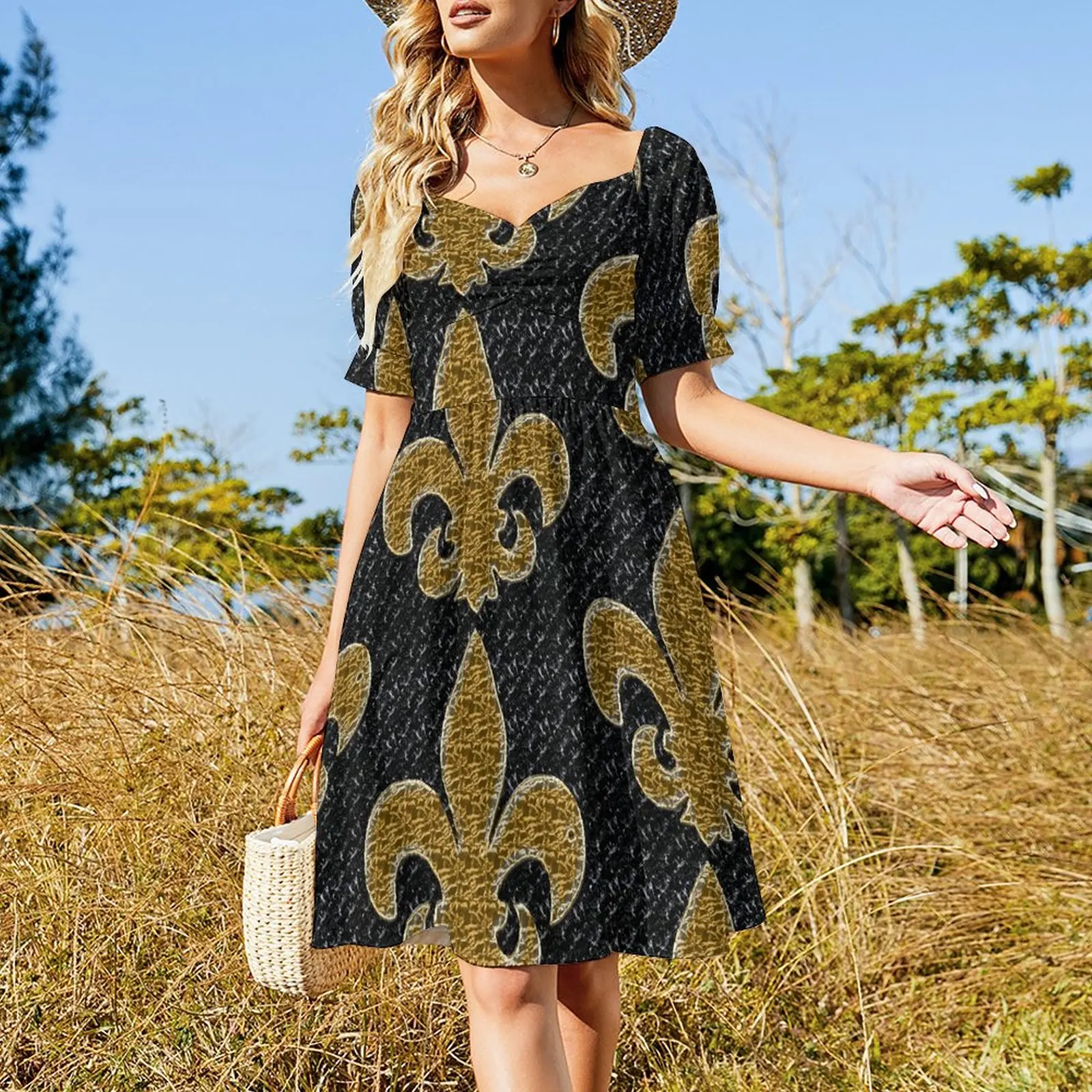 Black and Gold Fleur De Lis Dress women's luxury party dress summer women's suit Dress vintage wedding dresses for woman