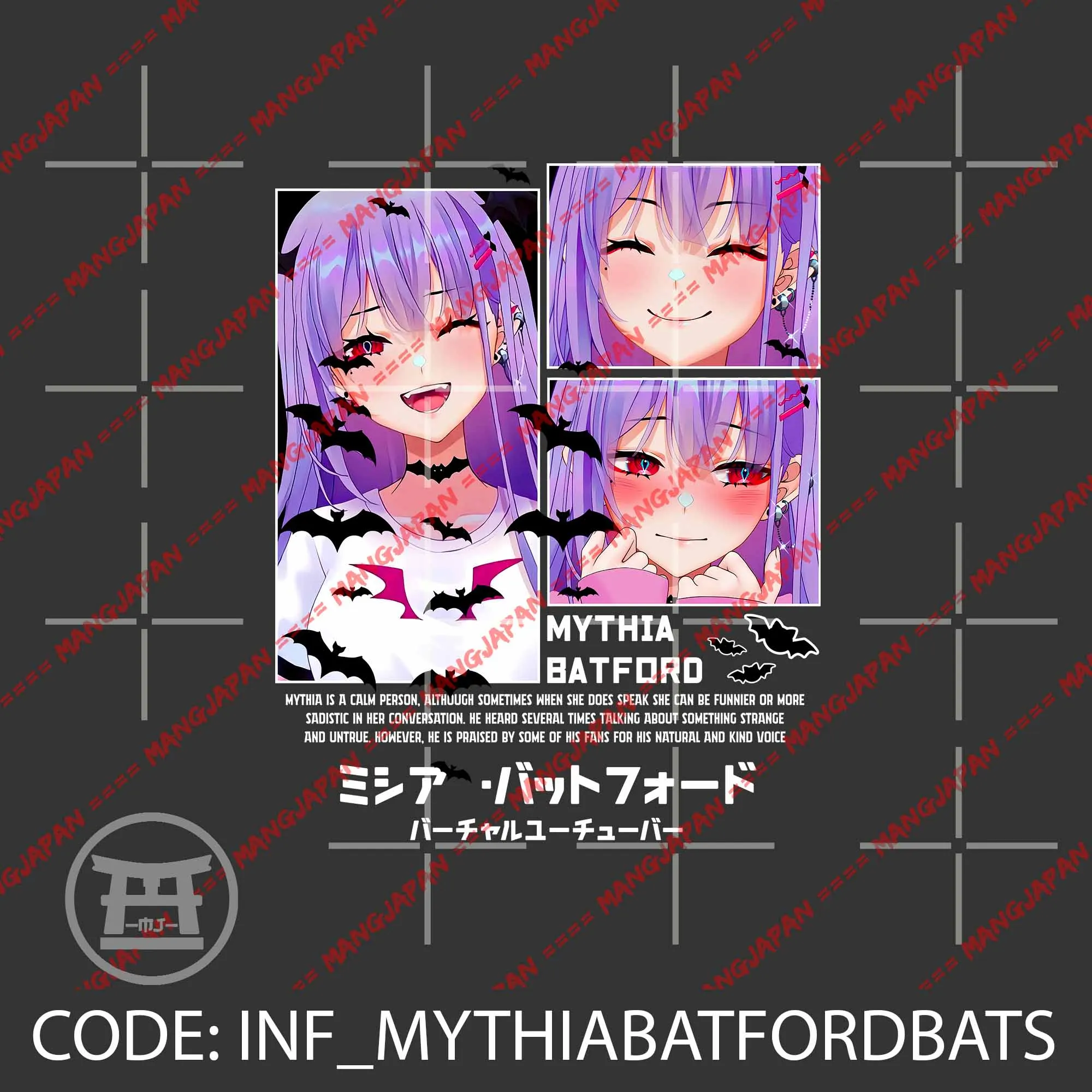 T-shirt distroanime vtuber MYTHIA BATFORD BATS 100% combed 30s