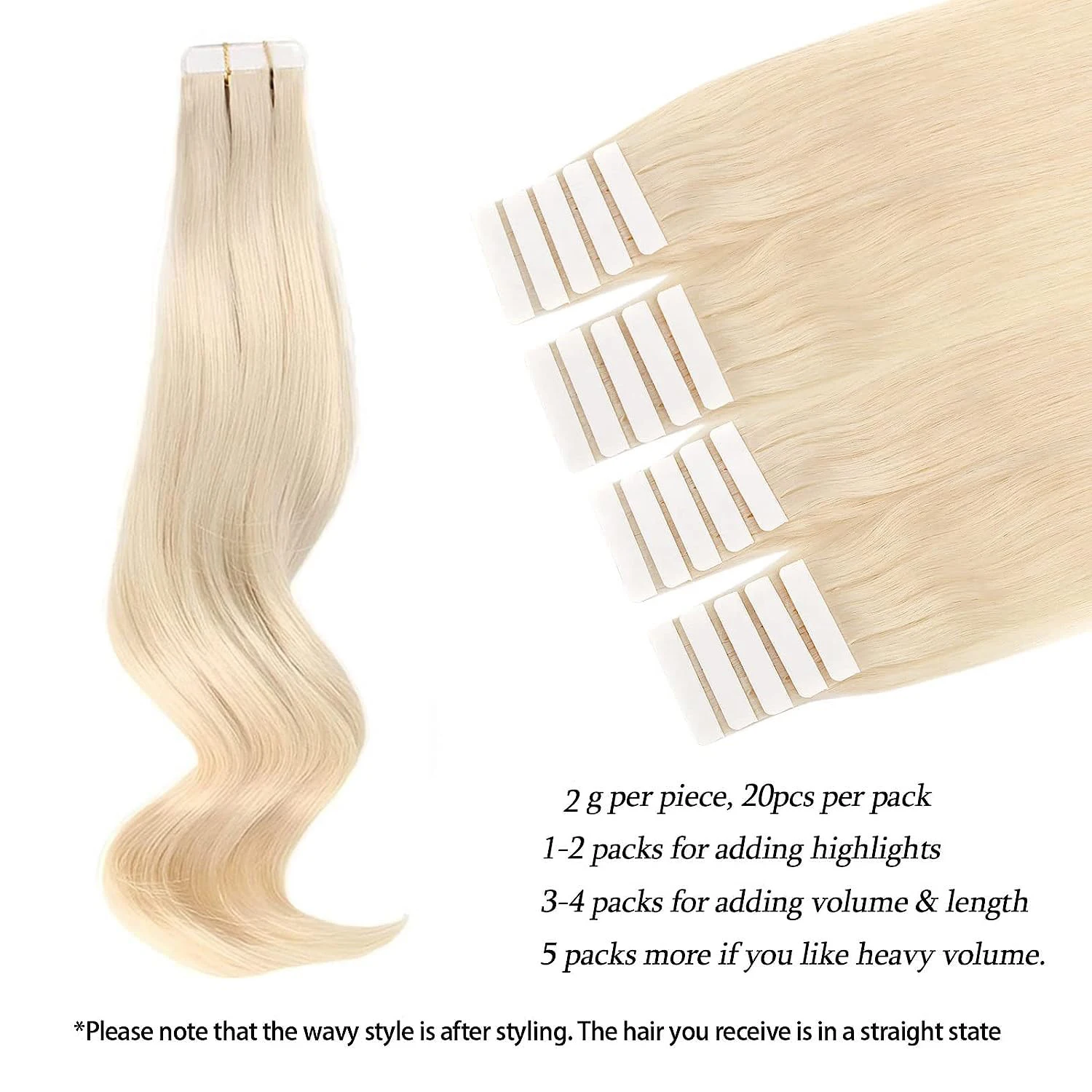 Straight Tape in Hair Extensions Human Hair Color #613 Bleach Blonde Hair 16-26 Inch 100% Real Human Hair Extensions For Women