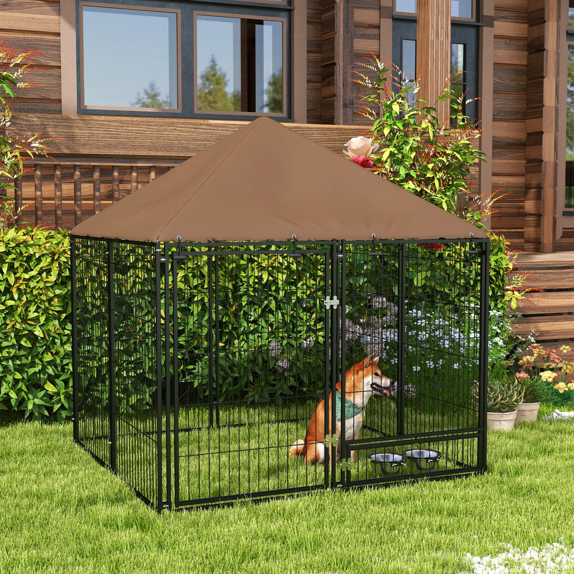 Pawhut Outdoor Hondenkennel, Metaal en Oxford-stof, met voerbakhouder en weerbestendig dak, ruime ruimte