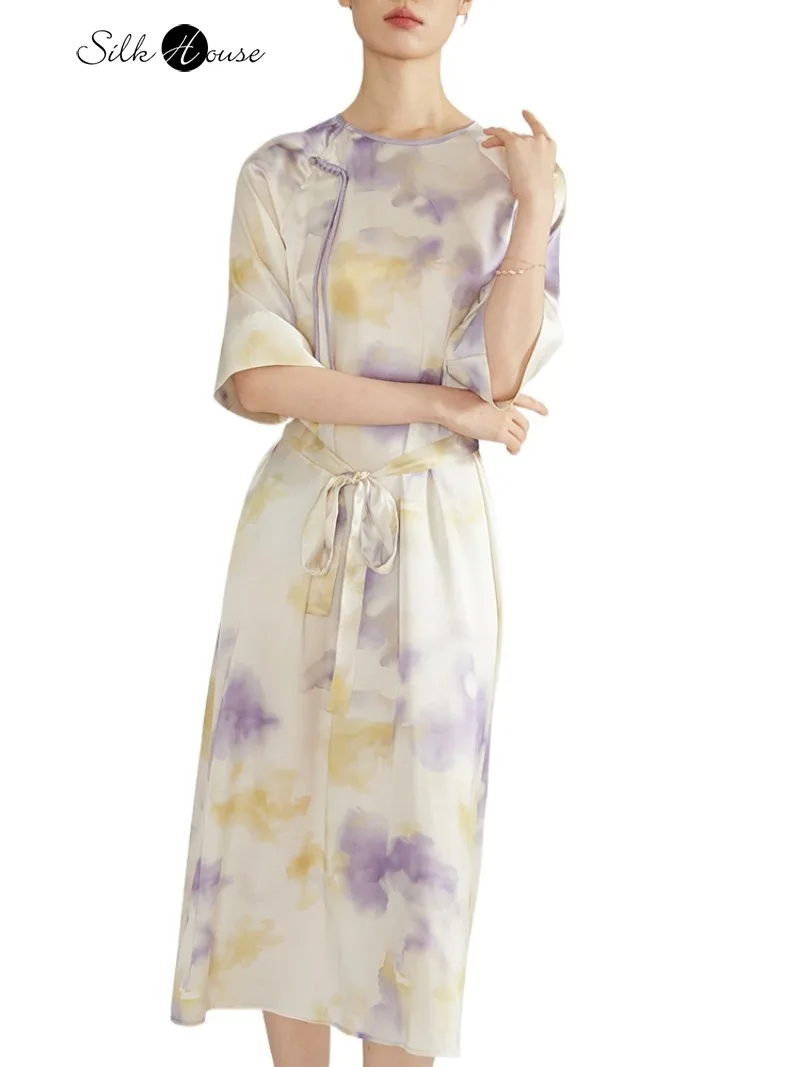 

New Chinese National Style 90% Natural Mulberry Silk Elastic Plain Satin Dyed Printed Women's Fashionable Belt Half Sleeve Dress