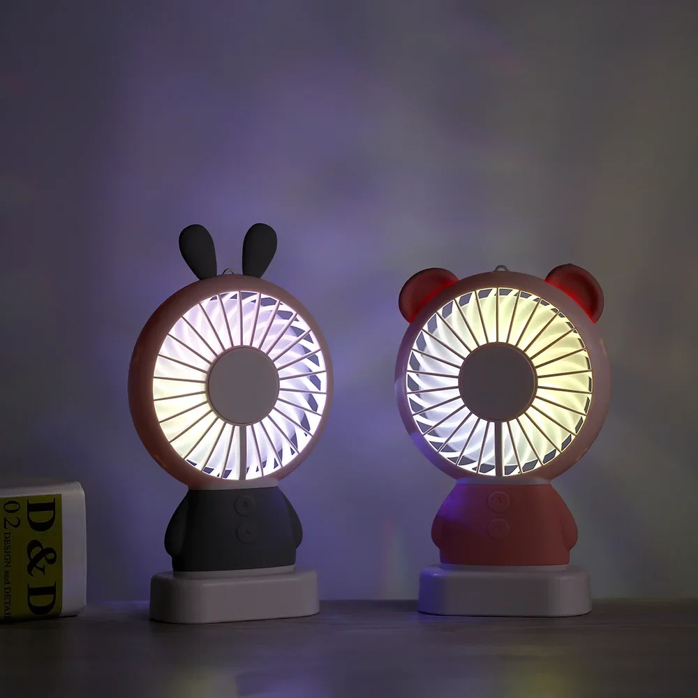 Cute Bear Rabbit Handhold Fan USB Night Light Cooling Fan with 2 Gears Wind Speed, Rechargeable Outdoor Ventilator