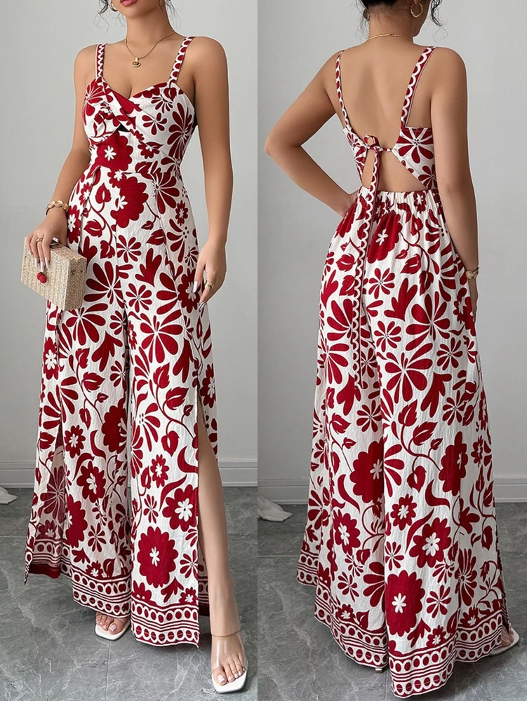

Elegant Twist Front Floral Print Back-Tie Detail Jumpsuit - Spaghetti Strap V Neck Backless Wide Leg Romper Pants with High Slit