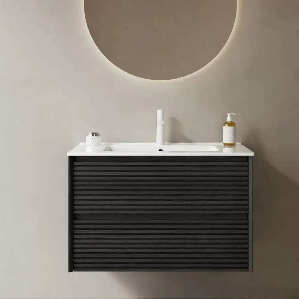 

30 Bathroom Vanity, Floating Vanity with 2 Push Close Soft Close Drawer, Ceramic Basin with Sink Hole Cover and Drain,Dark Oak