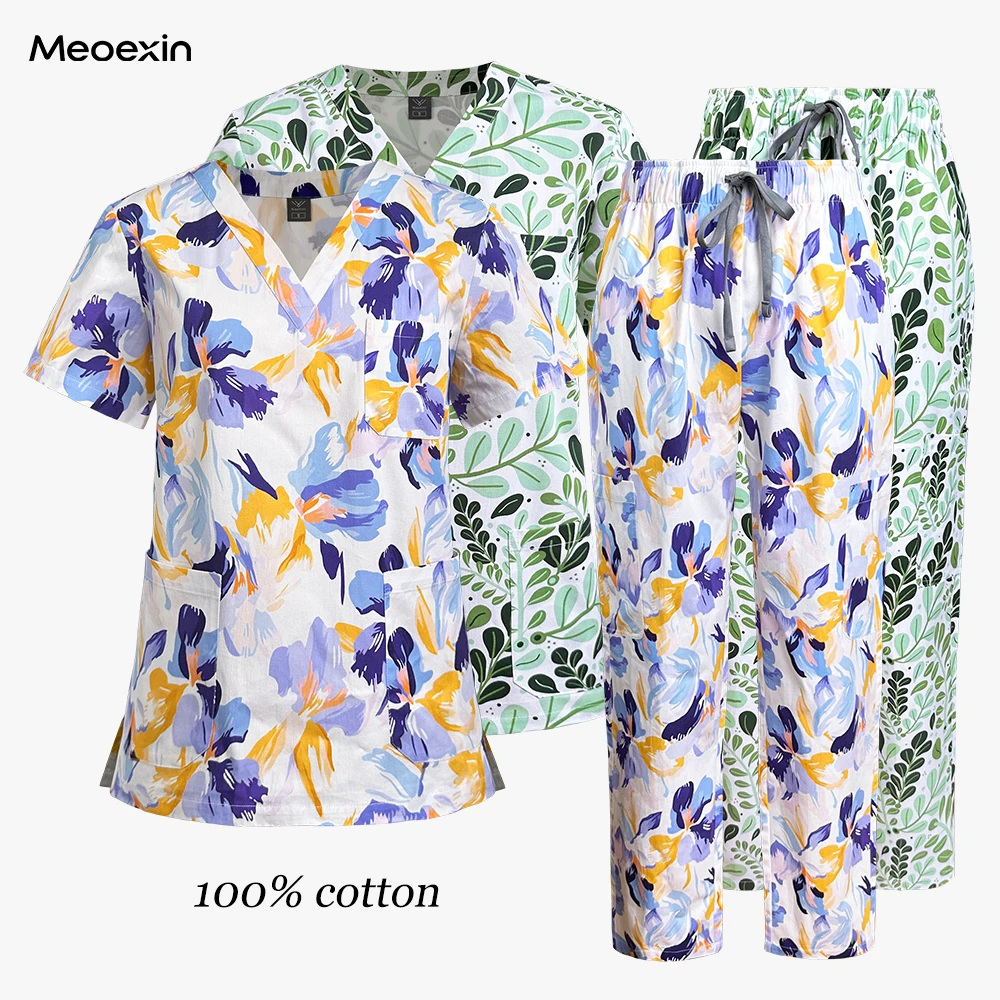 Scrubs Medizinische Uniformen für Damen, 100 % Baumwolle, Blumendruck, kurzärmeliges Oberteil, gerade Hosen, Set, Krankenschwester, Arzt, Arbeitskleidung, Spa-Uniform