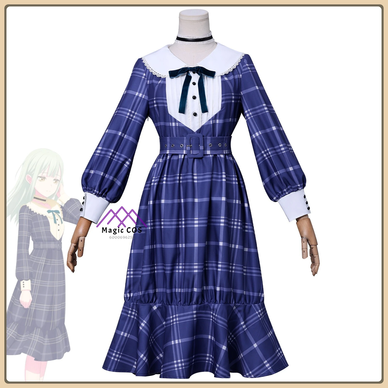 

BanG Dream AveMujica Wakaba Mutsumi Cosplay Costume Blue Checked Dress&Sash+Wig+Hairpin Womens Anime Clothes for Comic Con Party