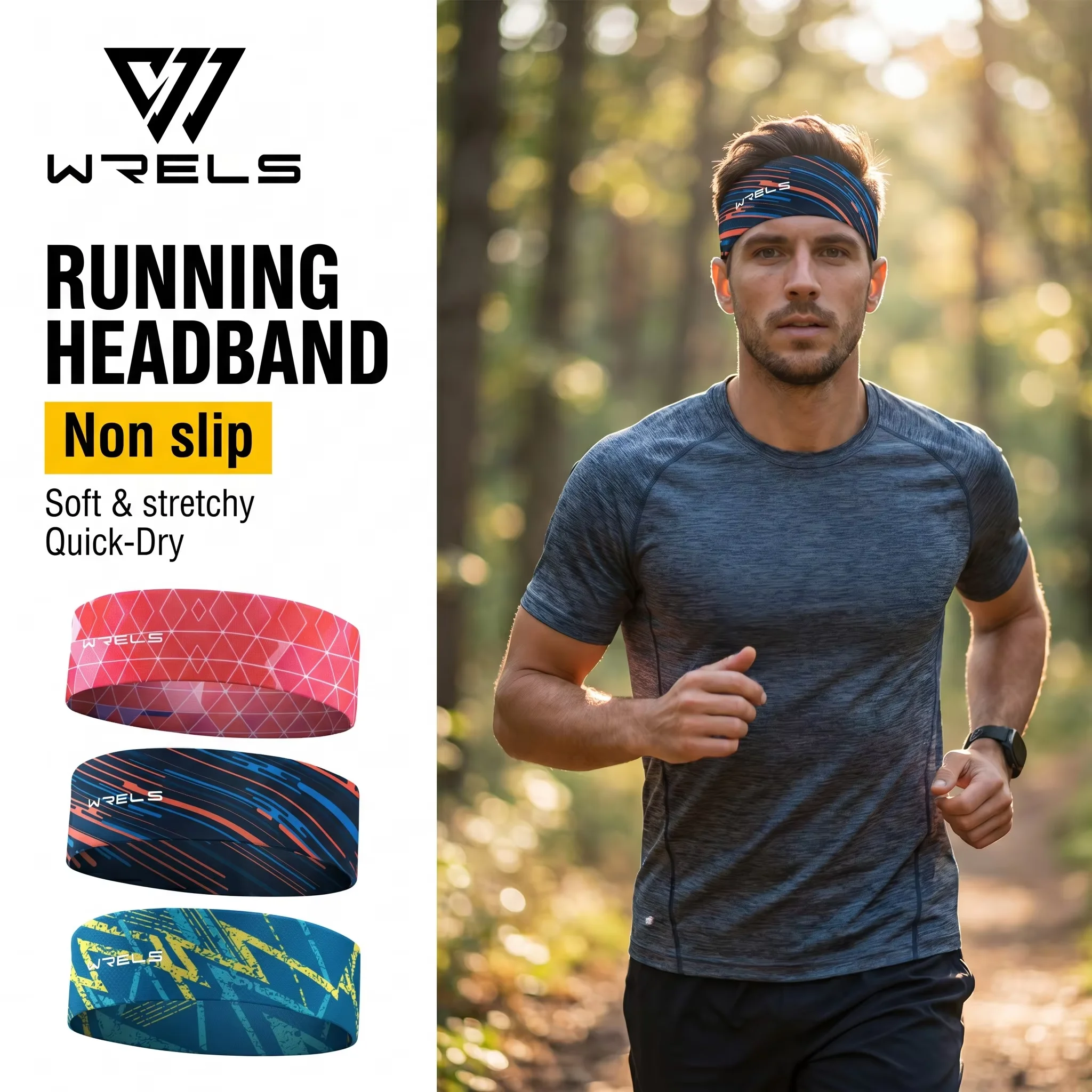 WRELS Running Headband Non Slip Sweatband Sweat Wicking Breathable Quick Dry Hair Band Elastic Stretch Men Women Sports Headband