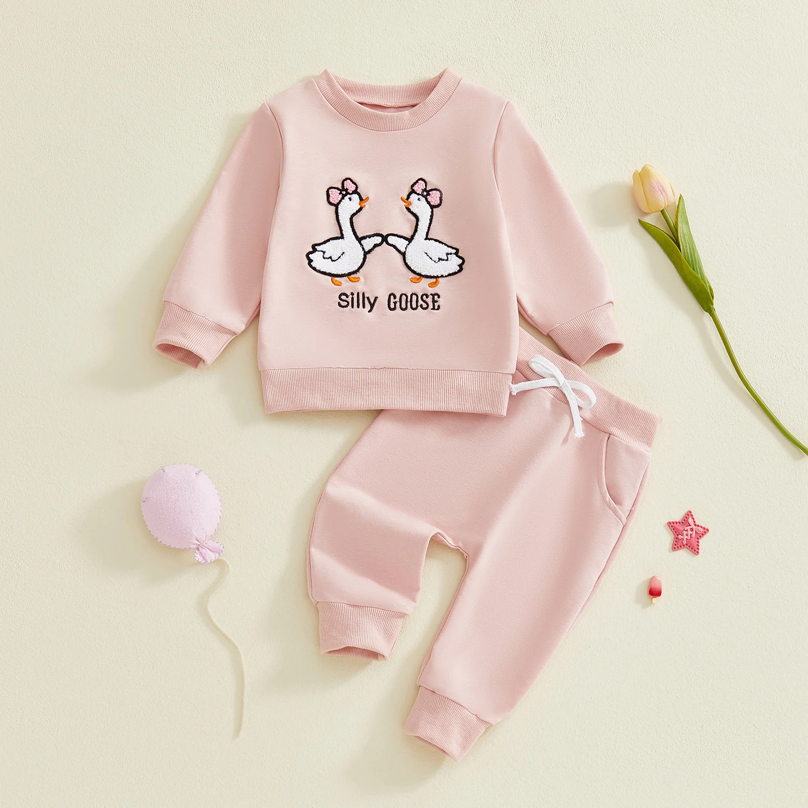 

Winter Baby Girl 2Pcs Clothing Suit Fashion Fall Long Sleeve Goose Embroidery Tops + Pants Set Toddler Cotton Clothes Outfits