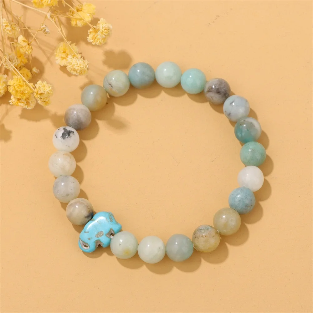 

8MM Natural Amazonite Round Beads Bracelet Turquoises Elephant Pendant Bracelets for Women Men Elastic Bracelet Bangle Jewelry