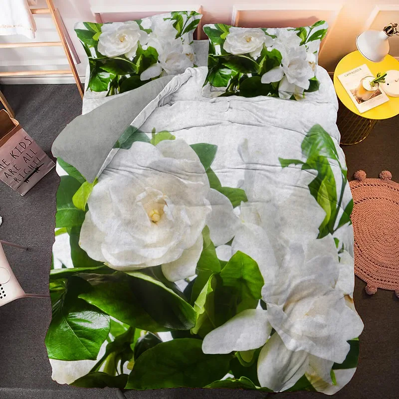 

White Gardenia King Queen Duvet Cover Beautiful Flowers Theme Bedding Set Teens Adults Floral Green Leaves Polyester Quilt Cover