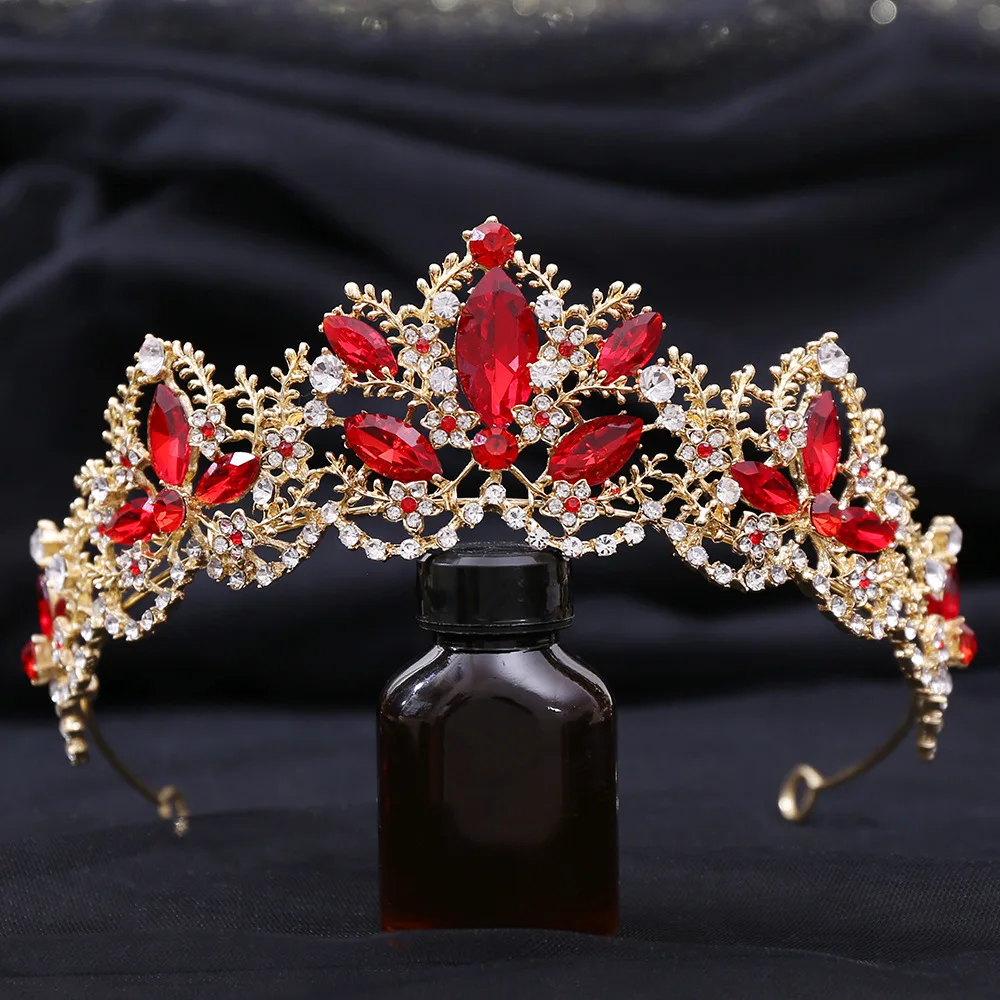 Tiaras y coronas de cristal rojo barroco, diadema nupcial con diamantes de imitación para graduación, corona Taira para mujer, accesorios para el cabello de boda, corona de joyería