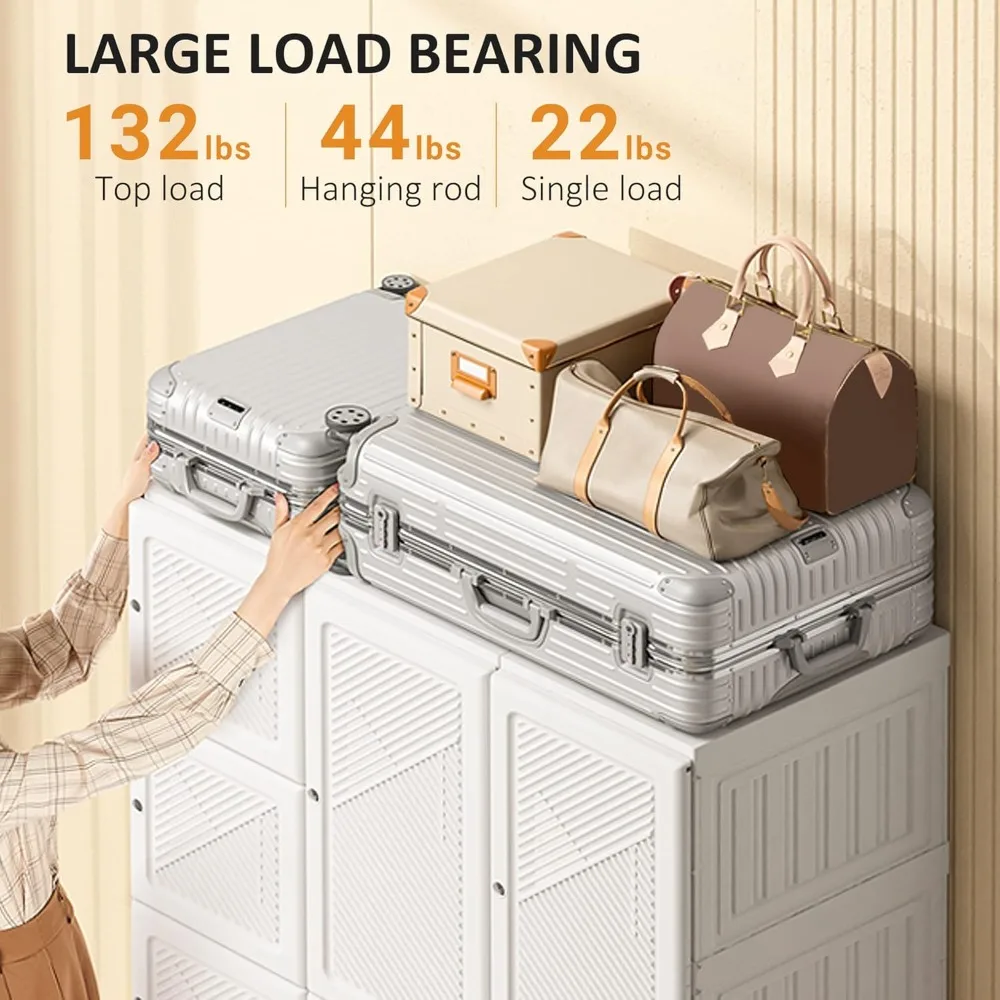 Portable Wardrobe Closet, Folding Clothes Storage Organizer with 8 Cube Compartments, 2 Hanging Rods, 11 Magnet Doors, Wh