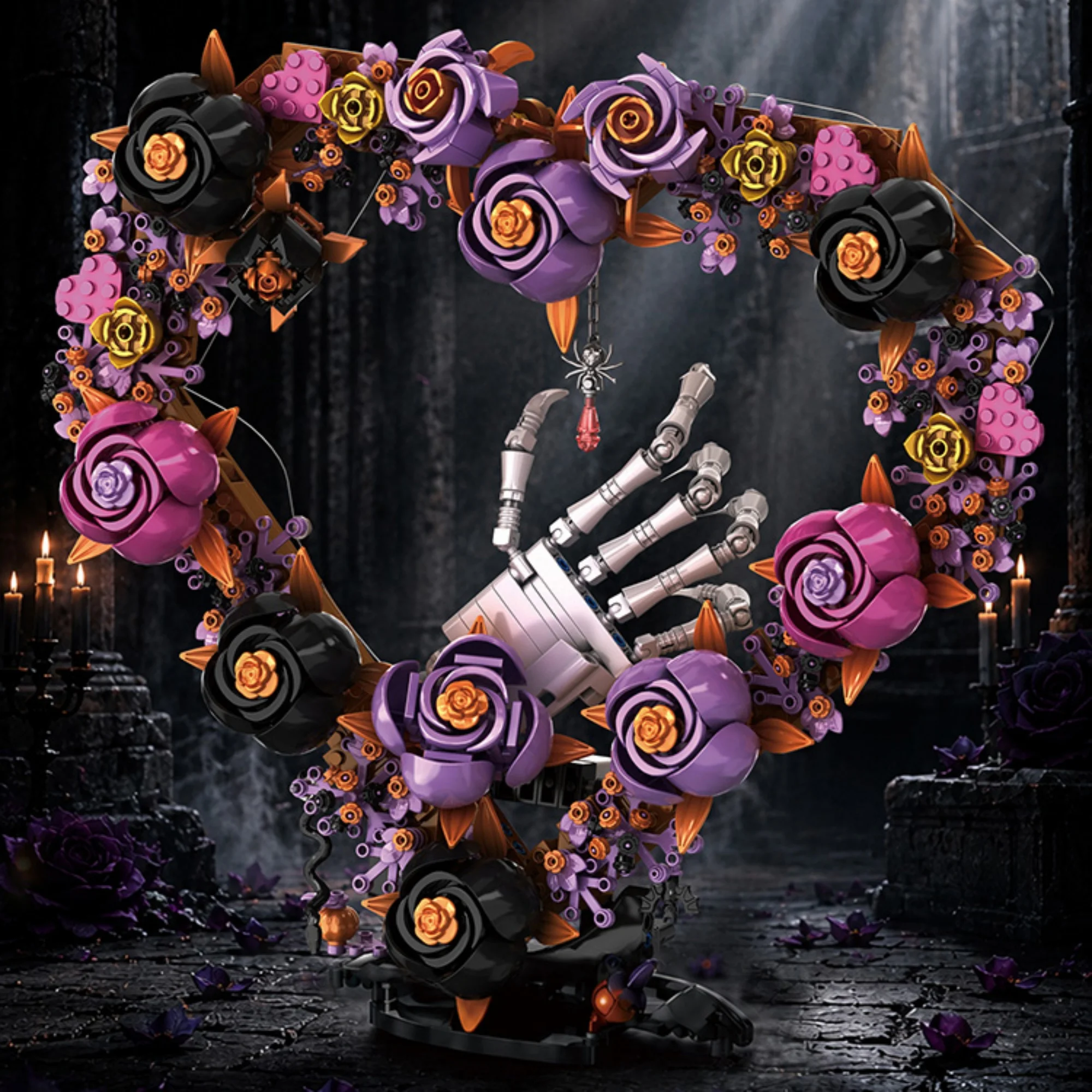 1190pcs Halloween Bloom Heart Building Blocks Desktop Decor Gothic Heart Flower Wreath Skeleton Hand Bricks Toys for Adult Gifts