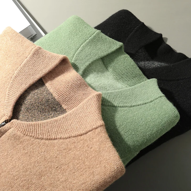 Autumn And Winter 100% Wool Cardigan Men's Round Neck Solid Color Zipper Sweater Business Casual Padded Knit Bottoming Coat