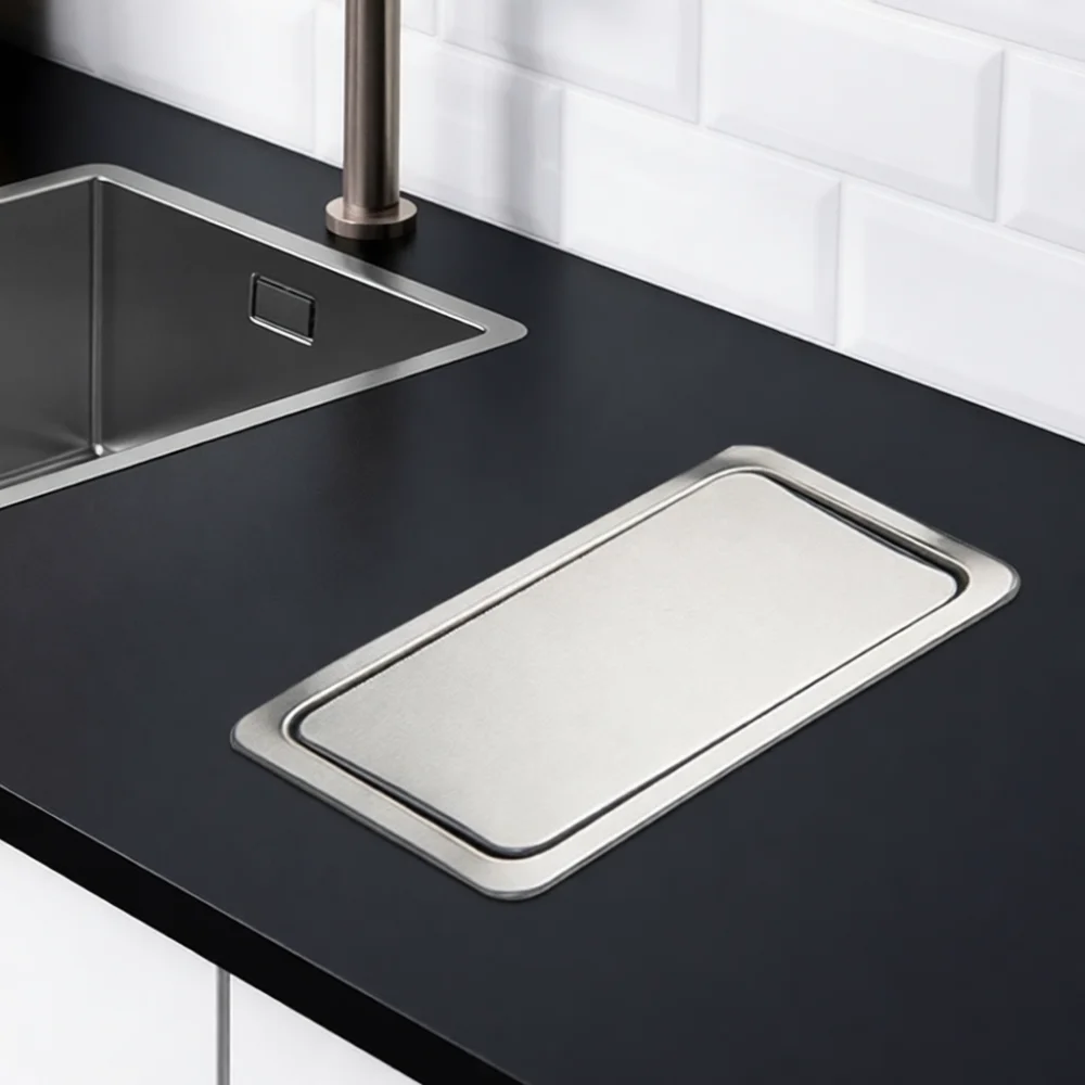 Stainless Steel Kitchen Counter Trash Chute Lid Flush Mount Swing Flap Garbage Can Cover Waste Bin Drop In Rectangle