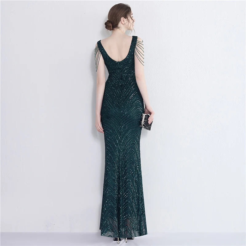 DEERVEADO Mermaid V Neck Sequins Luxury Evening Dresses with Beads Women\'s Elegant Formal Occasion Dress Prom Party Maxi Dress