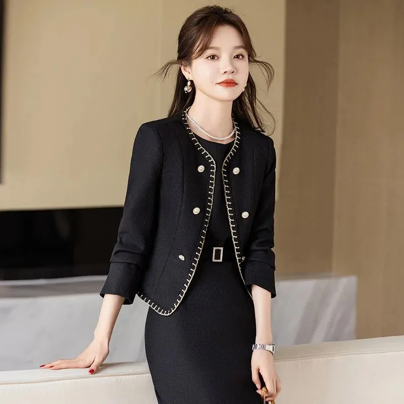 Primavera outono moda feminina roupa moda jaqueta curta + vestido de alça conjunto de duas peças elegante sem mangas suspensórios vestidos ternos