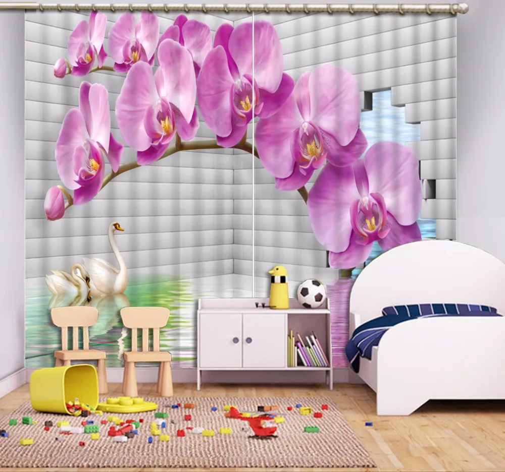 3d curtains Orchid Swan Wall Brick flower window curtains curtains for living room modern custom curtains