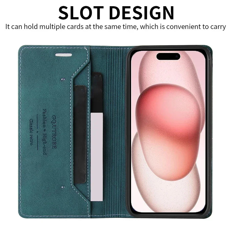 Wallet Anti-theft Brush Card Slot Magnetic Flip Leather Case For iPhone 16 Pro Max 15 Plus 14 13 Mini 12 11 SE 2022 X XR XS 8 7