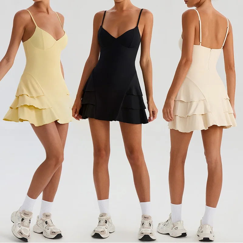 Women Ruffle Tennis Dress V-Neck Sexy Sports Dresses Built-in Bra and Shorts High Waist Skort Quick Dry Athletic Yoga Skirts