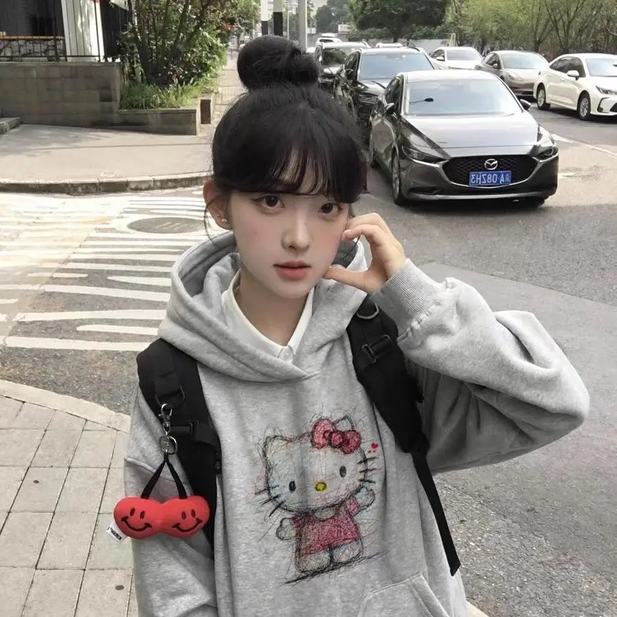 سترة سانريو هالو كيتي بغطاء للرأس بأكمام طويلة للفتيات والخريف والشتاء، سترة كارتونية من القطن الخالص كوالي للطلاب والكلية #3