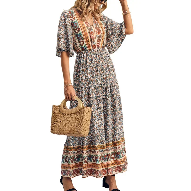 Summer New Beach Dress Women Seaside Style Short Flare Sleeves Bohemian Dress Vacation Big Swing Loose A Line Printed Dress