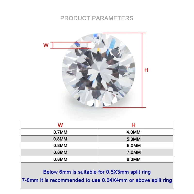 Round White CZ 3A-Quality Single Hole  Round Shape Cubic Zirconia Stone Loose For DIY Jewelry Making Zircon 4-8mm stone