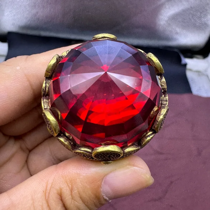 Vintage Style Oversized 30mm Carved Faceted Ring, Inlaid Lab Created Red Multicolor Gemstone Bold Statement Fashion Jewelry