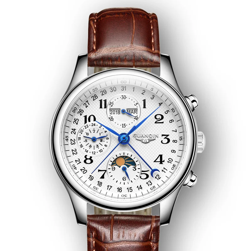 Брендовые мужские часы Guanqin, 8-контактный вечный календарь, фаза Луны, мужские часы из натуральной кожи, полностью автоматические механические деловые часы wa