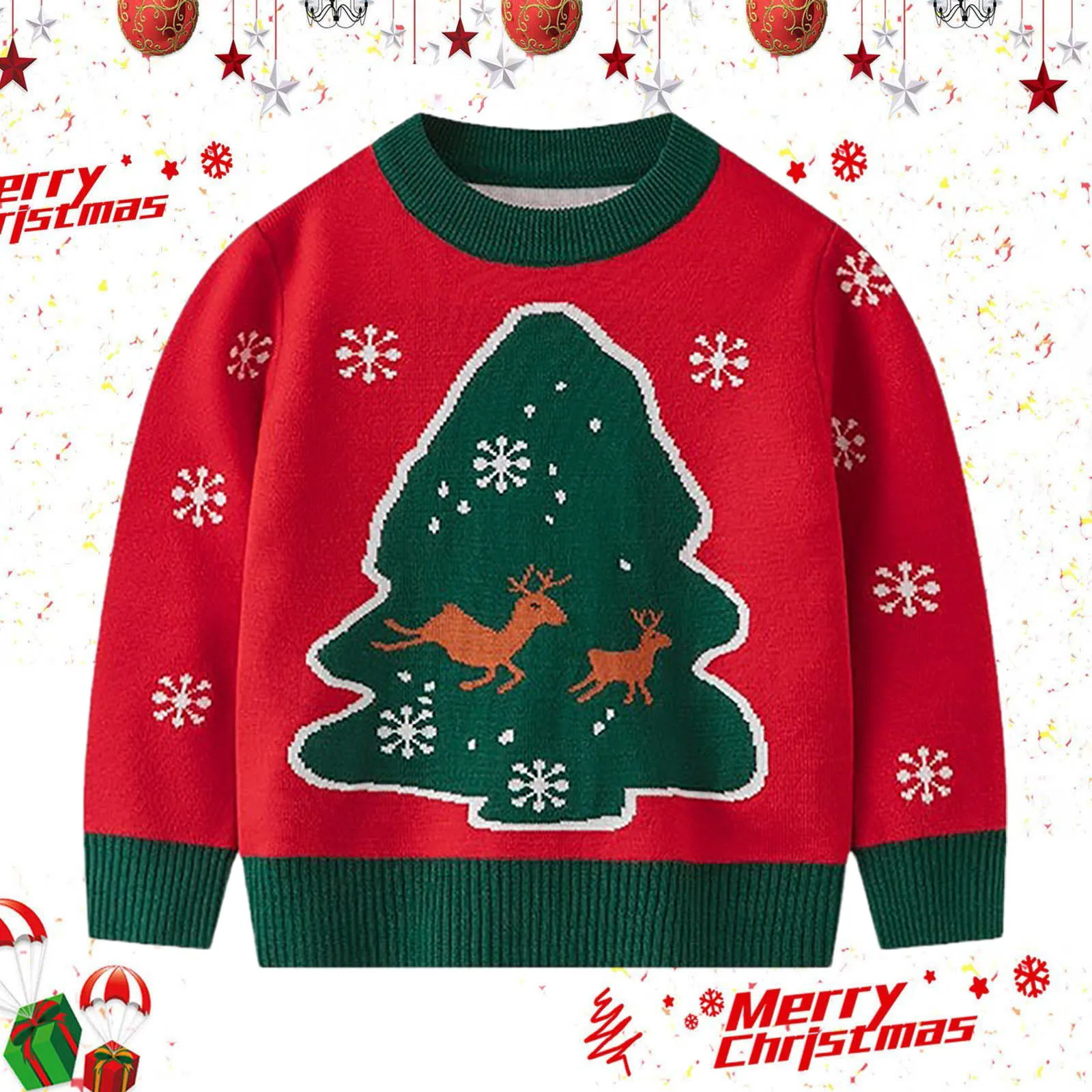 New Christmas Tree Kids Cotton Sweater Winter Boys Girls Party Pullover Knit Clothes Autumn Children Print Warm Knitwear 2-6 Yea