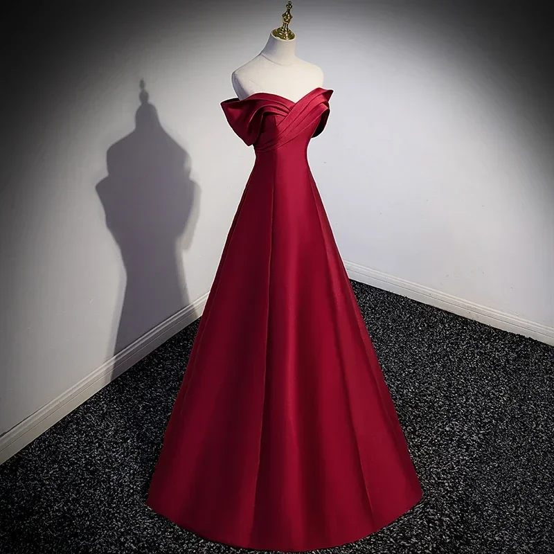 Evening Dresses Burgundy Shiny Satin Off the Shoulder Lace up Pleat A-line Floor Length Plus size Women Party Formal Gown