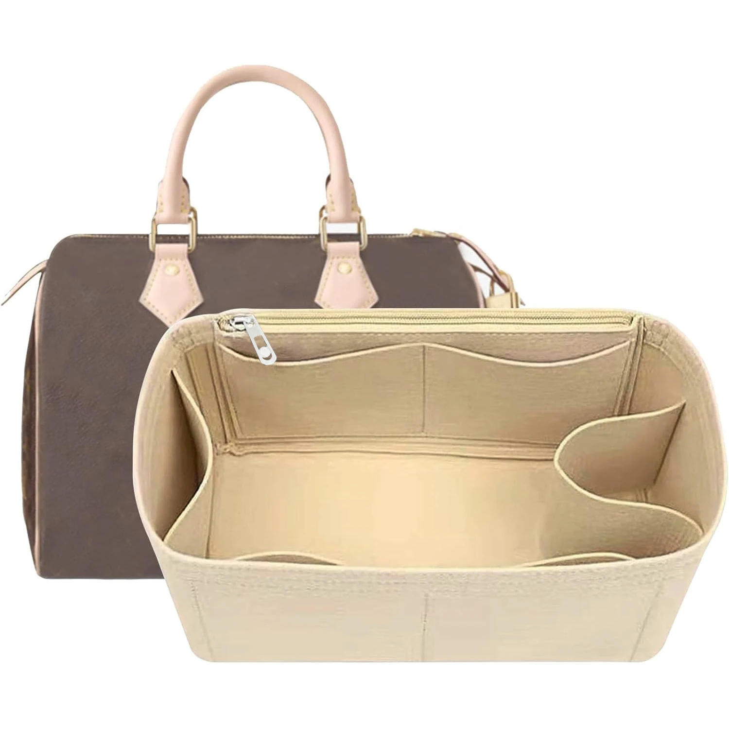 Purse Organizer Insert for Speedy Felt Handbag Liner Zipper Multi Pocket Shaper Bag Protector Lightweight Portable Travel Pouch