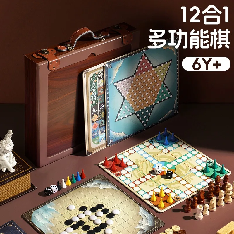 Children's 12-in-1 multi-functional wooden chessboard, chess, backgammon,flying chess,checkers,educational toys, enterprise