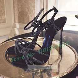 Crystal Cross Strap Blade Heel Sandals Women Open Toe Sexy High Heels Patent Shoes Ladies Summer Black Modern-day Party Sandals