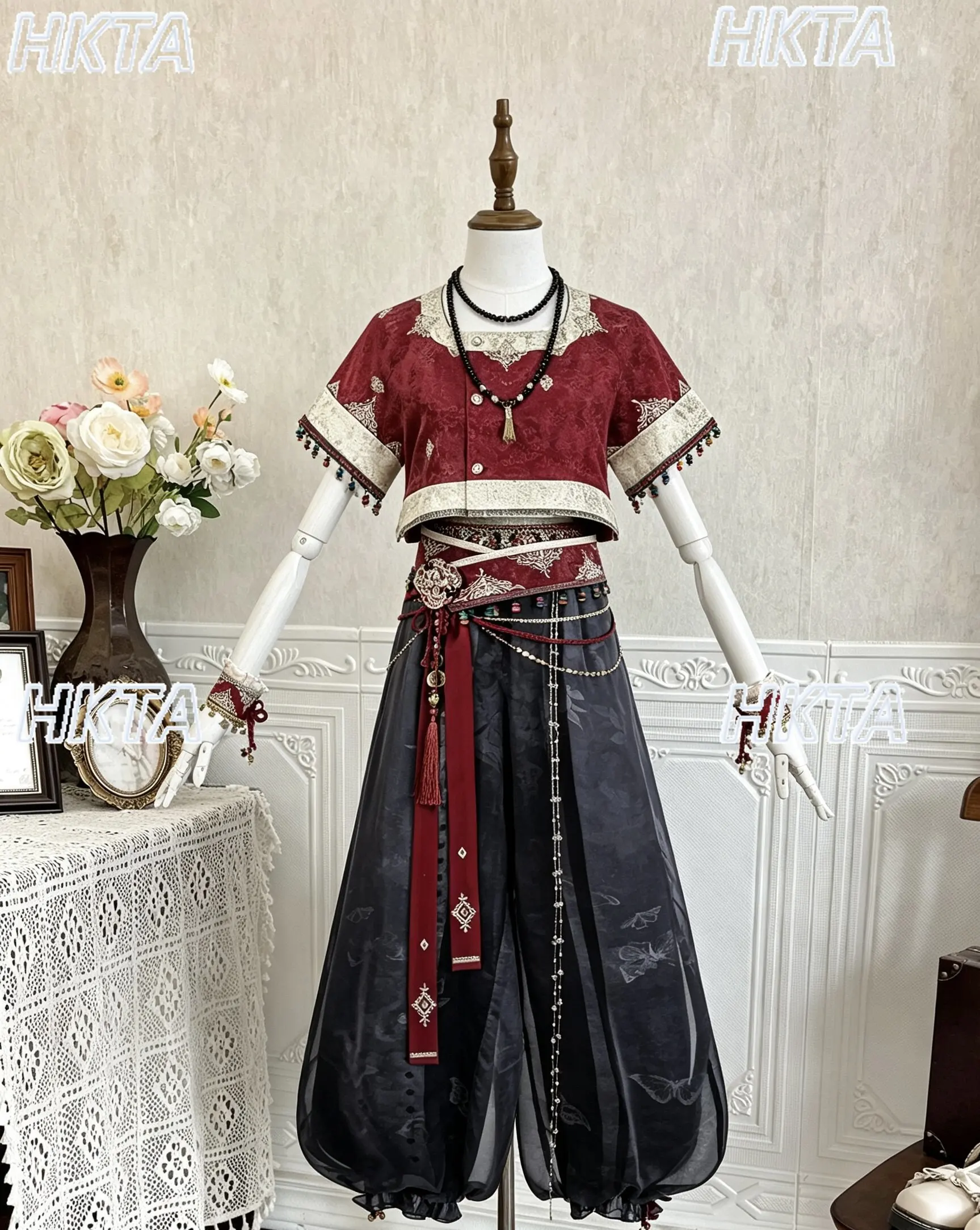Chinese Hanfu Lolita Suits Autumn Lanterns Wide Leg Pants Retro Sweet Embroidery Contrasting Color Short Sleeves Top Pants Women