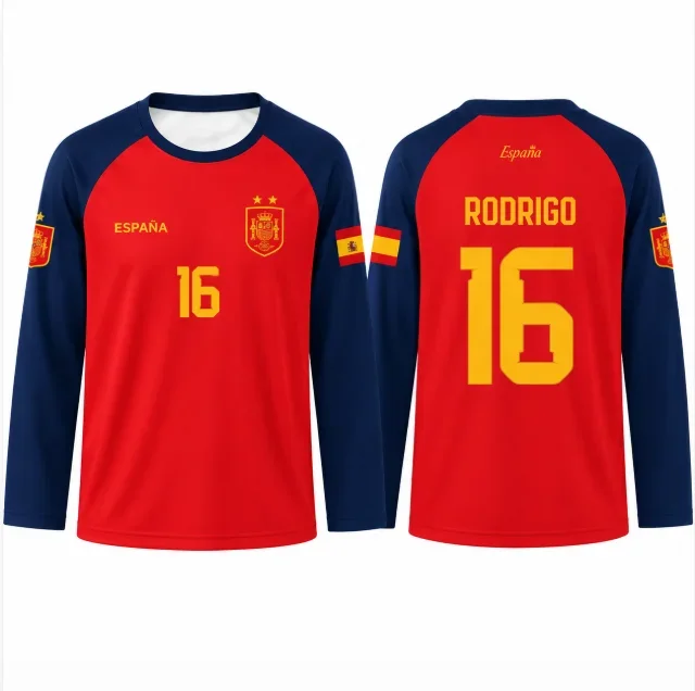 Spain team 2026 jersey T-shirt, quick drying breathable 3D printed sports fashion unisex parent-child long sleeved T-shirt