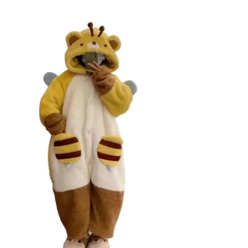 Cute Little Bee Bear Coral Fleece Robe Women's Winter Thickened Home Clothes Sleepwear Set Warm Cozy Comfortable Home Apparel