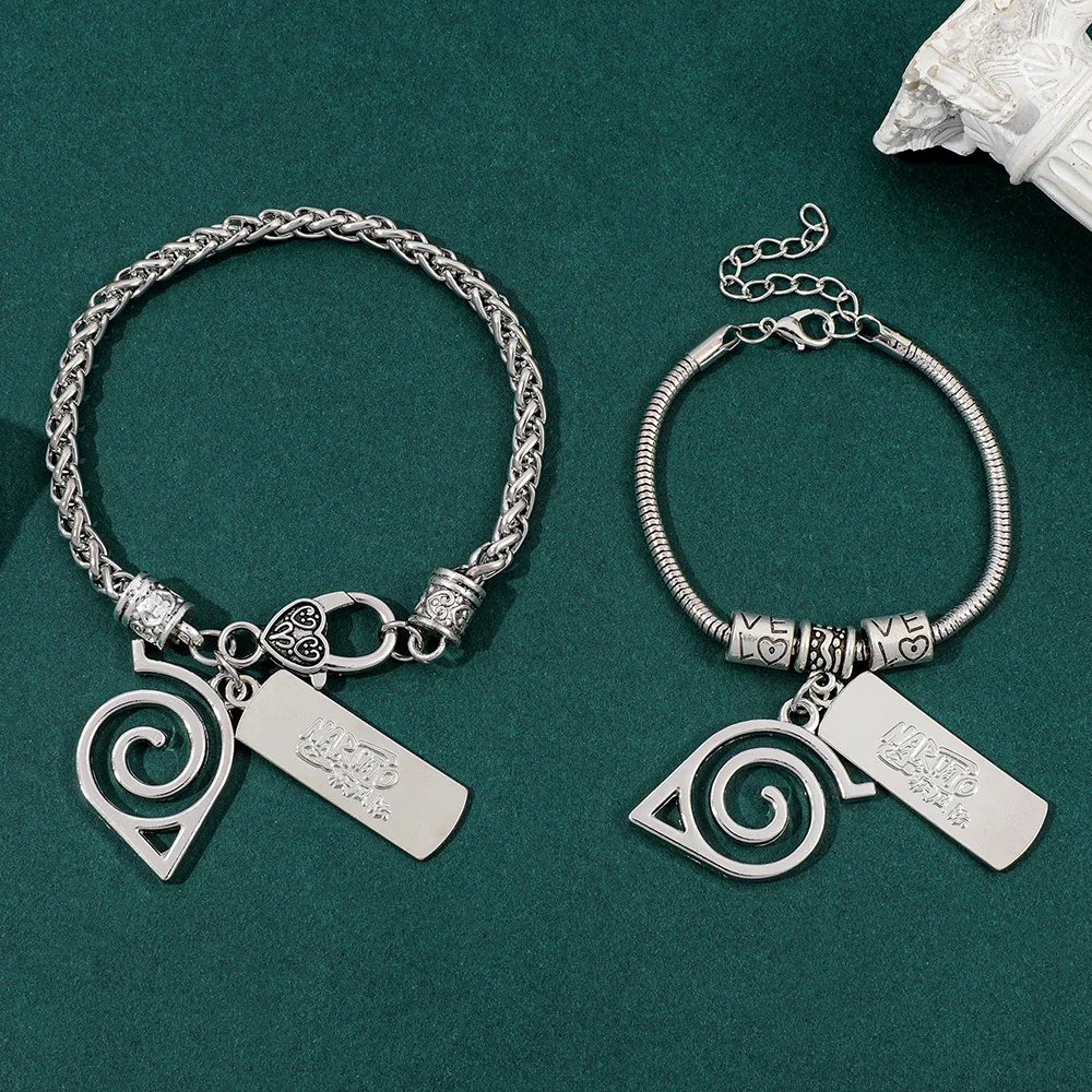 Anime Naruto Bracelet Konoha Village Logo Alloy Pendant Bracelet Love Beads Silver Snake Chain Cartoon Cosplay Accessory