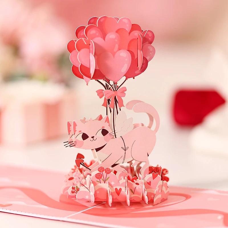 Valentines Day Greeting Card Romantic Cat Balloon Pop Up 3D Greetings Card Postcard Love Gifts For Couples Wife Husband Lovers
