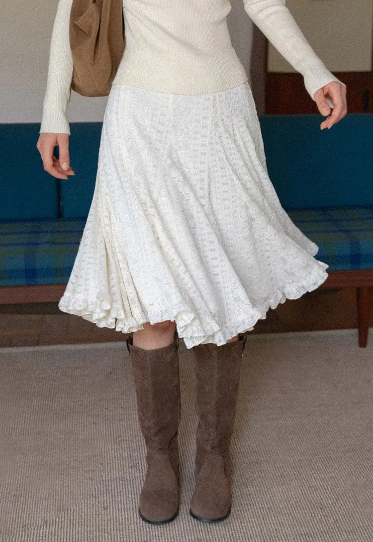 French Ruffle Leaf Edge Rice Apricot Skirt Women's 2026 Spring New Fashion Medium and Long Dress