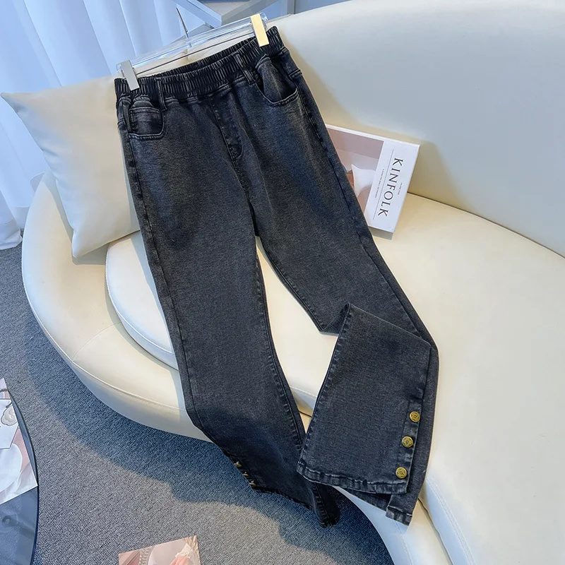 2026 Spring Summer Largesize Stretch Jeans Women's Denim Flared Trousers Elastic-waist Slim Jeans Female Straight Casual Pants